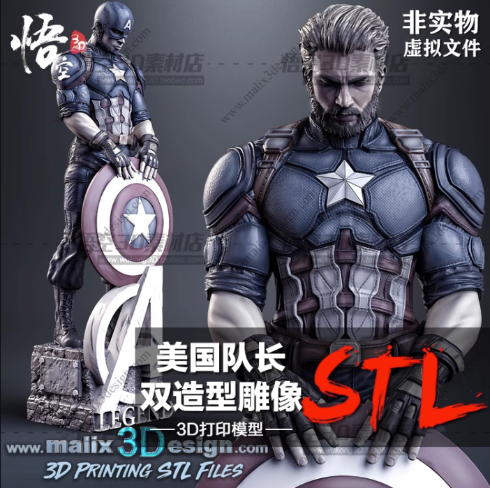 美国队长双造型雕像树脂白模实物定制 3D打印图纸手办STL模型素材