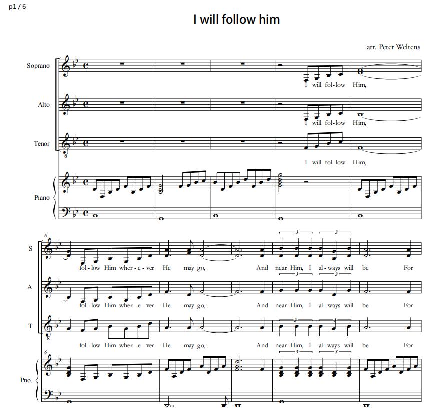 【五线谱】I will follow him 三部合唱 钢琴伴奏 五线谱