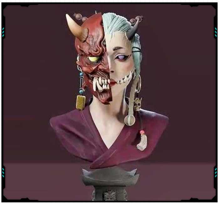 半人半鬼恶魔面具胸像头雕手办 3D打印模型图纸白模定制STL文件