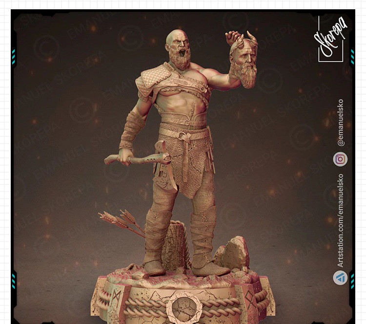 电影战神诸神黄昏奎托斯雕像手办 3D打印模型图纸白模定制STL文件