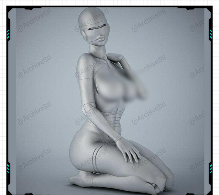 2款性感女机器人跪姿雕像手办 3D打印模型图纸白模定制STL文件