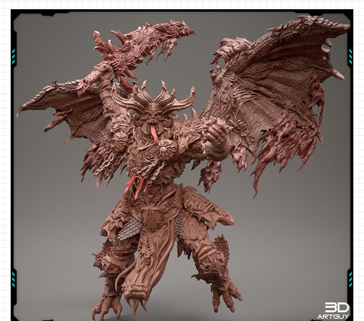 魔幻游戏怪物双翼大恶魔魔王雕像 3D打印模型图纸白模定制STL文件