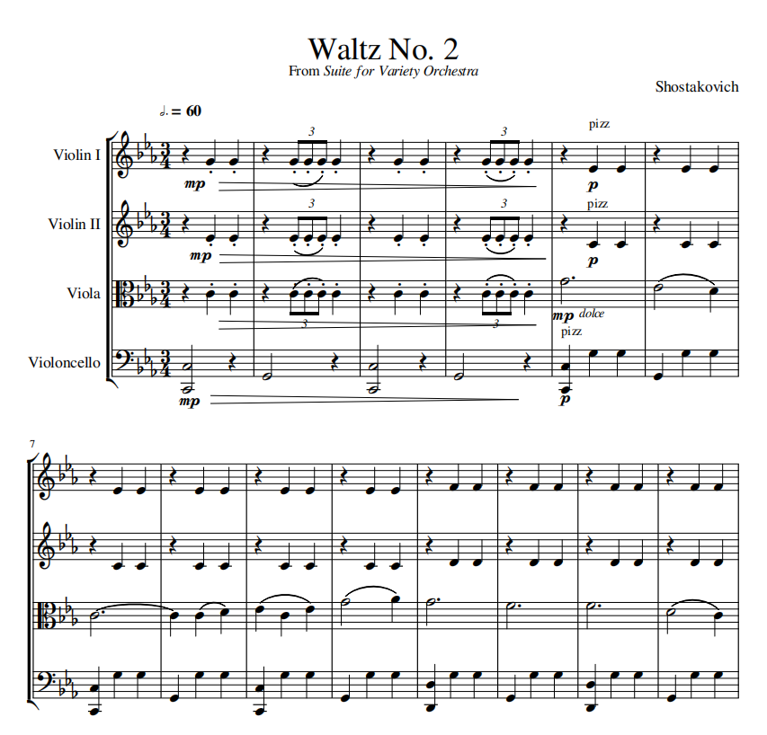 肖斯塔科维奇 第二圆舞曲 Waltz No.2 弦乐四重奏 总谱+分谱+音频