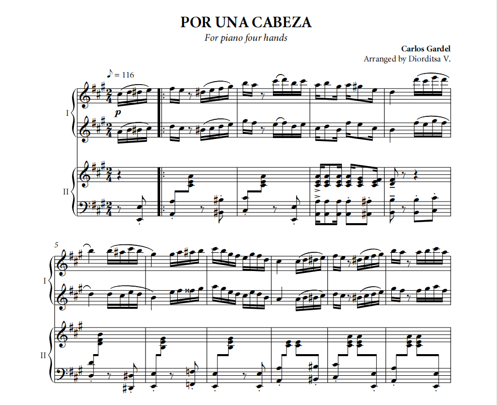 一步之遥 四手联弹 Por una cabeza 钢琴谱