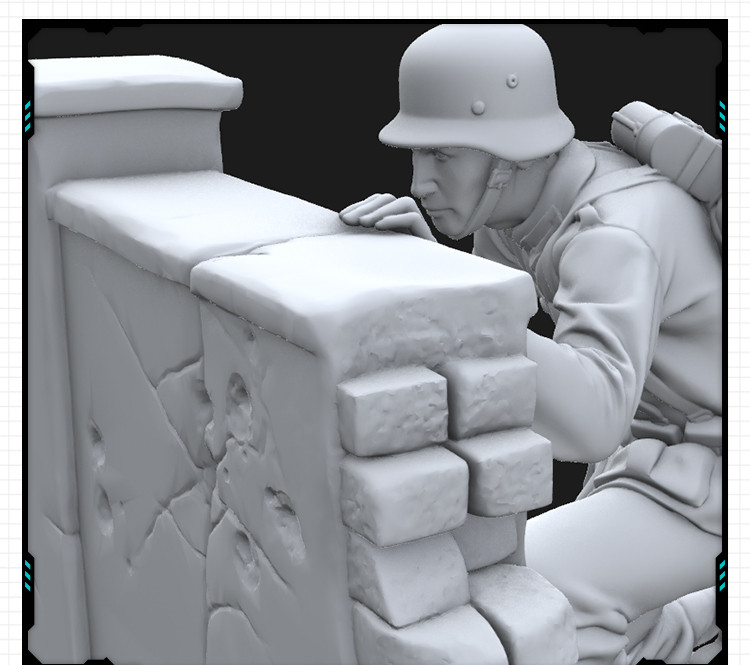 躲在掩体身后观察的士兵场景摆件 3D打印模型图纸白模定制STL文件