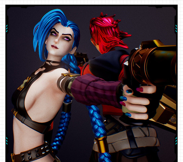 英雄双城之战金克斯与蔚雕像手办 3D打印模型图纸白模定制STL文件