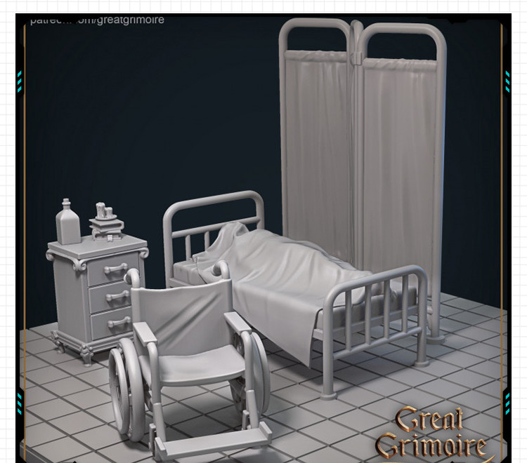 现代恐怖医院家具场景造型摆件 3D打印模型图纸白模定制STL文件