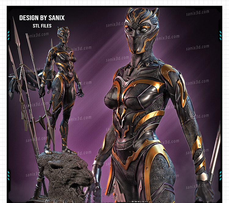 漫威宇宙女黑豹站姿造型手办 3D打印模型图纸白模定制STL文件