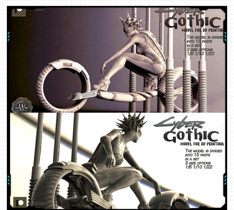 科幻赛博朋克未来美女机车手办 3D打印模型图纸白模定制STL文件