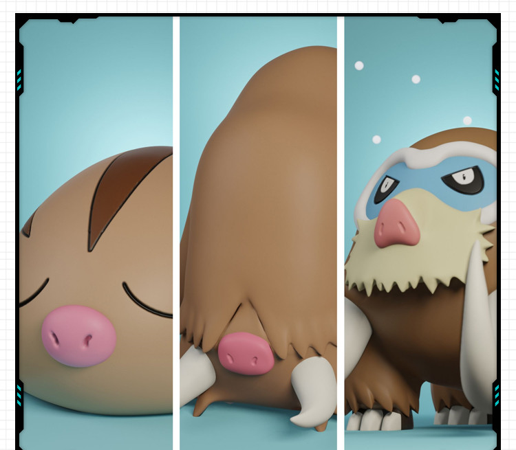 精灵宝可梦小山猪模3种形态手办 3D打印模型图纸白模定制STL文件