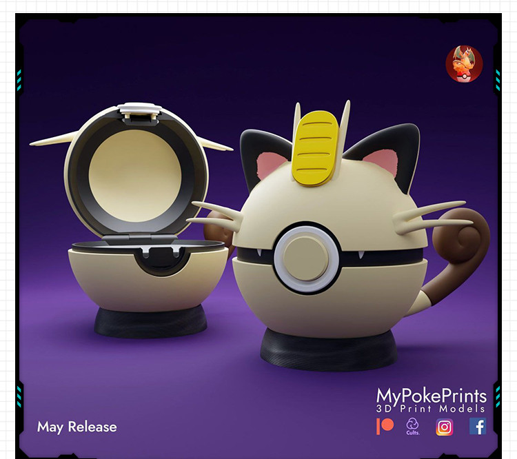 动漫精灵宝可梦喵喵精灵球手办 3D打印模型图纸白模定制STL文件